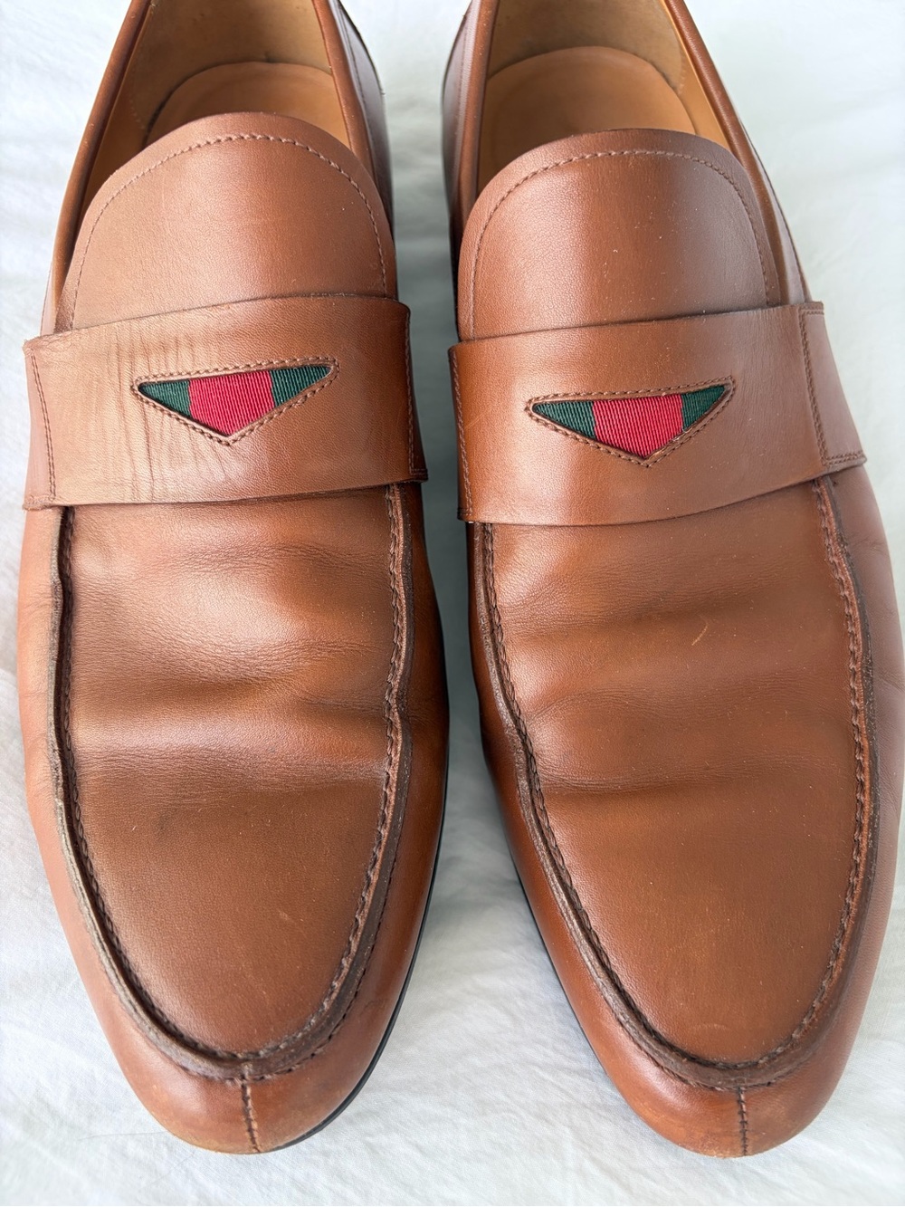 Gucci Brown Leather Slip-On Loafers with Red & Green Web Accent - Picture 2 of 9